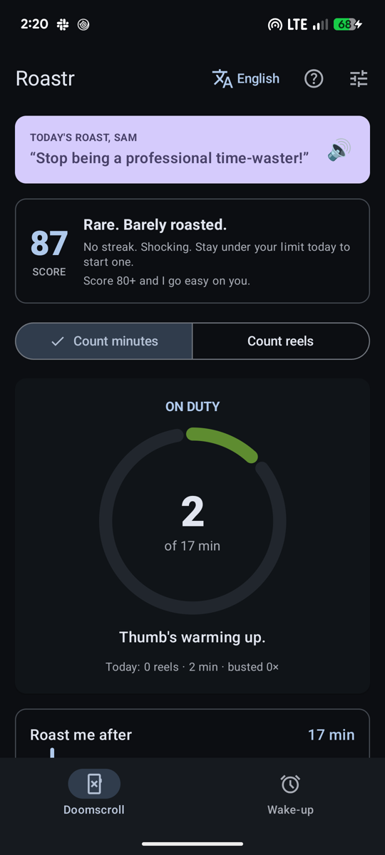 Home: today's score, streak and limit