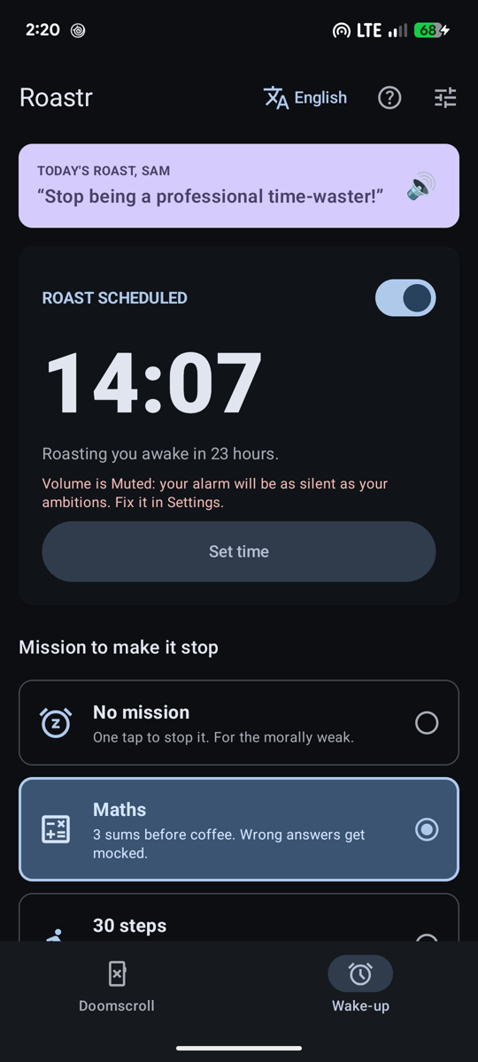 Wake-up roast alarm with missions